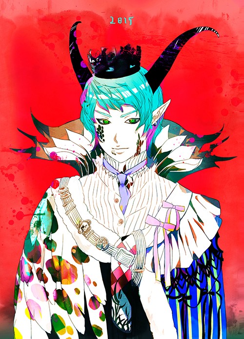 1boy aqua_hair colorful crown earrings feathers green_eyes horns jewelry kaworu_yanos original partially_colored pointy_ears shirt solo