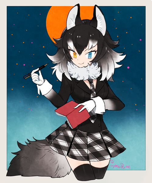 1girl animal_ears artist_name beige_border black_border black_hair black_jacket black_legwear blazer blue_eyes border breasts buttons collar cowboy_shot eyelashes fang full_moon fur_collar gloves gradient_clothes gradient_hair gradient_sky grey_wolf_(kemono_friends) hair_between_eyes heterochromia holding holding_pen jacket kemono_friends l_hakase long_sleeves looking_at_viewer medium_breasts medium_hair moon multicolored_hair necktie night notebook outdoors outside_border pen plaid plaid_necktie plaid_skirt pleated_skirt signature skirt sky sleeve_cuffs smile solo star_(sky) tail thigh-highs tsurime two-tone_hair white_gloves white_hair wolf_ears wolf_tail yellow_eyes zettai_ryouiki