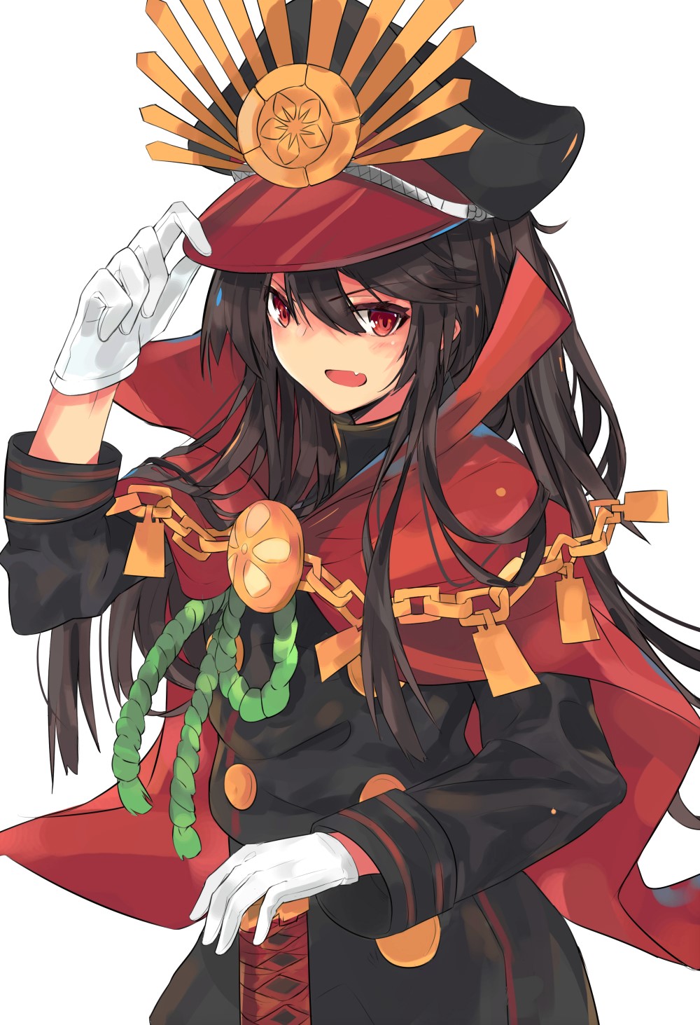 &gt;:d 1girl :d bangs black_hair chains cloak demon_archer eyebrows_visible_through_hair fang fate_(series) gloves hand_on_headwear hat highres katana koha-ace long_hair long_sleeves looking_at_viewer military military_hat military_uniform moonlaw open_mouth planted_sword planted_weapon red_eyes simple_background smile solo sword uniform upper_body weapon white_background white_gloves