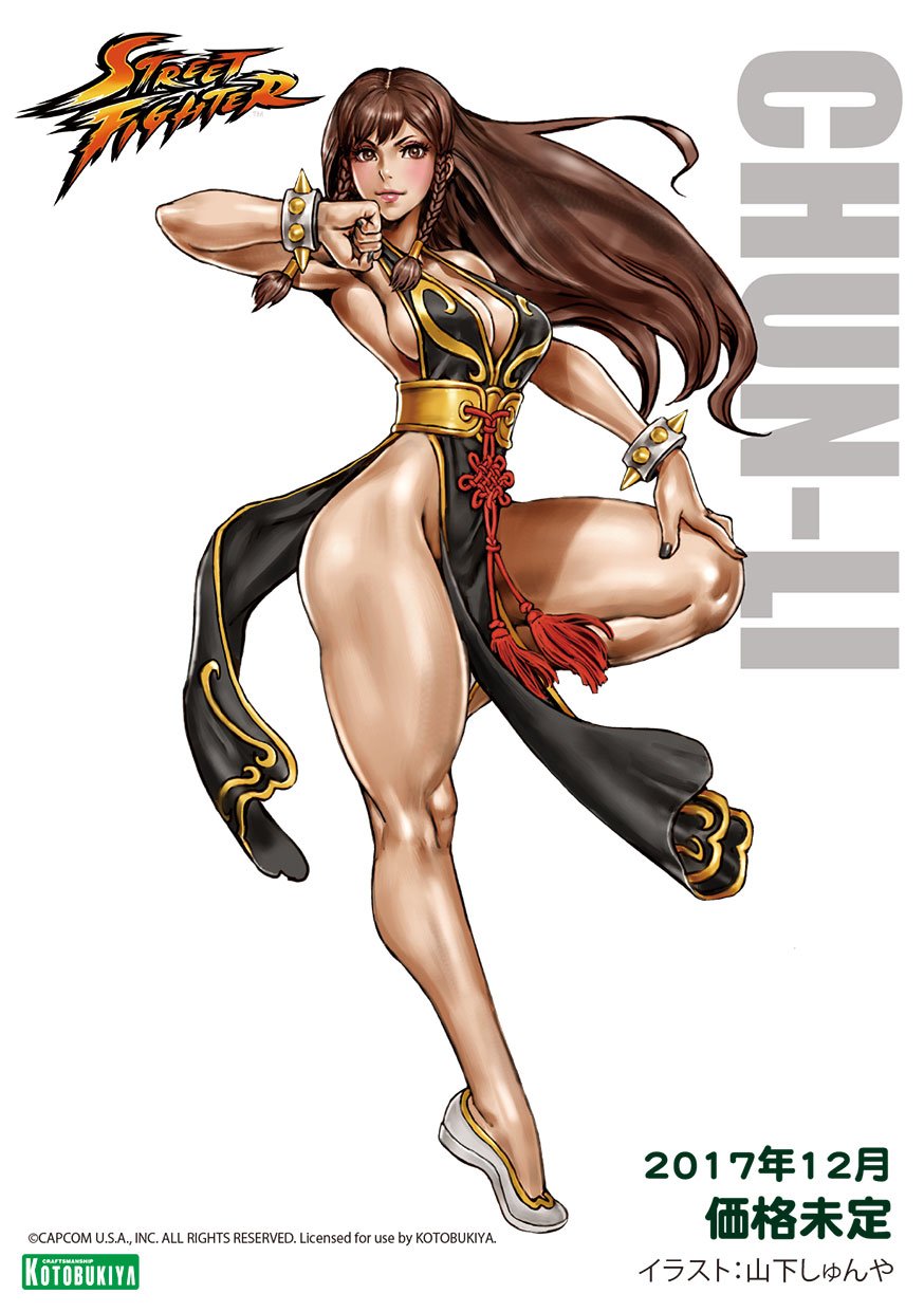 1girl alternate_costume bare_legs bracelet braid breasts brown_hair capcom china_dress chinese_clothes chun-li curvy dated dress female hand_on_knee highres jewelry large_breasts long_hair looking_at_viewer pelvic_curtain simple_background smile solo spiked_bracelet spikes street_fighter thick_thighs thighs toned twin_braids white_background yamashita_shun'ya