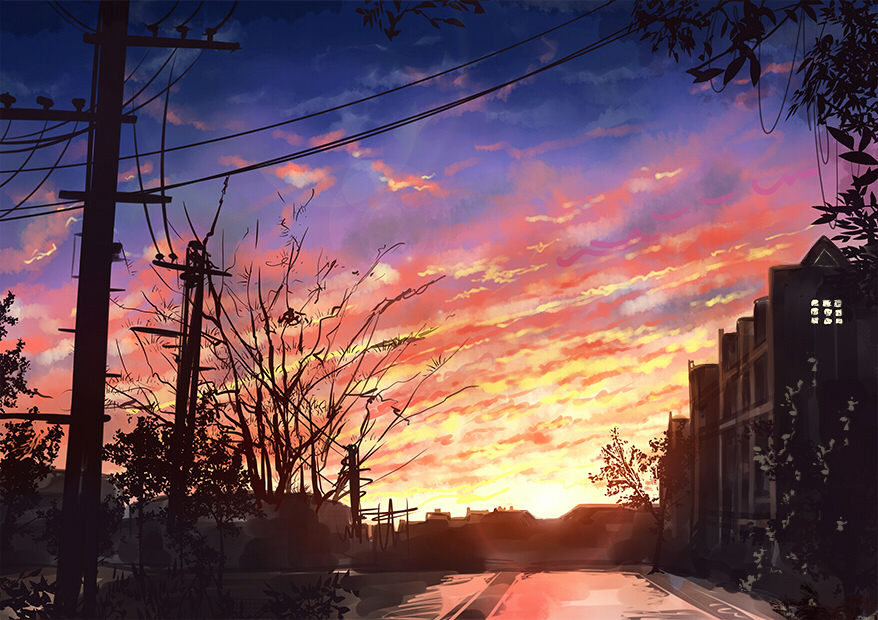 backlighting building byakuya_reki clouds cloudy_sky horizon no_humans original outdoors plant pole power_lines revision road ruins scenery shadow sky street sunlight sunset telephone_pole tree