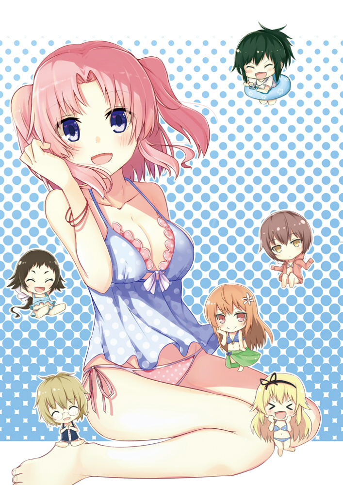 &gt;_&lt; 6+girls ^_^ breasts brown_hair chibi cleavage closed_eyes glasses green_hair hair_ornament kashima_nadeshiko koga_rejini large_breasts long_hair mikakunin_de_shinkoukei mitsumine_mashiro momouchi_mayura multiple_girls oono_niko open_mouth orange_hair panties pink_hair polka_dot polka_dot_background polka_dot_panties revision short_hair smile suetsugi_konoha swimsuit two_side_up underwear violet_eyes yonomori_benio yonomori_kobeni