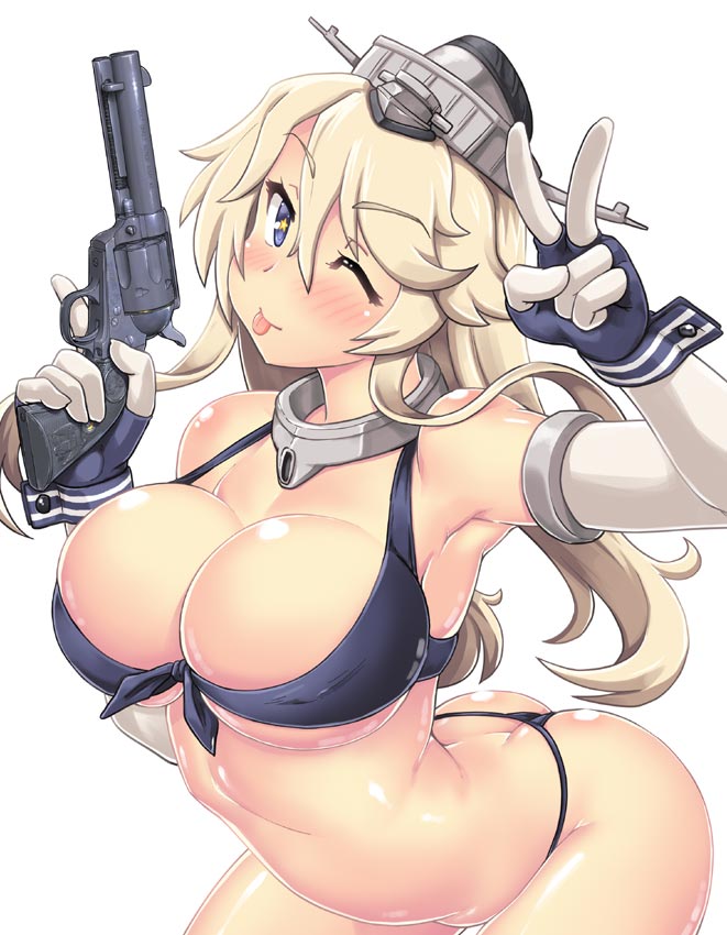 1girl arched_back ass bare_shoulders blonde_hair blue_eyes blush breasts detached_sleeves elbow_gloves front-tie_top gloves gun hair_between_eyes handgun hase_yu iowa_(kantai_collection) kantai_collection large_breasts leaning_forward looking_at_viewer one_eye_closed shiny shiny_skin skindentation star star-shaped_pupils symbol-shaped_pupils thighs thong tongue tongue_out v weapon