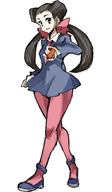 1girl :d black_hair blue_dress blue_shoes breasts brown_eyes collared_dress cravat dress eyelashes forehead full_body gym_leader hair_ribbon hair_rings holding holding_poke_ball karuishi legs_crossed long_hair long_sleeves looking_at_viewer open_mouth pantyhose pink_legwear pink_ribbon poke_ball pokemon pokemon_(game) pokemon_rse puffy_long_sleeves puffy_sleeves ribbon shoes short_dress simple_background small_breasts smile solo thick_thighs thighs tsutsuji_(pokemon) twintails walking white_background