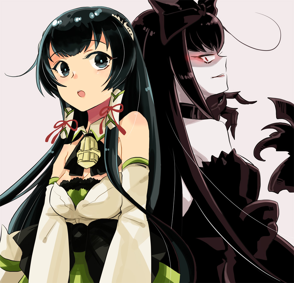 2girls back-to-back bare_shoulders black_bow black_dress black_hair blue_eyes bow claws dark_persona detached_sleeves dress gauntlets gothic_lolita grey_background hair_bow hair_tubes japanese_clothes kantai_collection kimono large_bow lolita_fashion long_hair looking_to_the_side mizuho_(kantai_collection) multiple_girls r-king red_eyes seaplane_tender_hime shinkaisei-kan strapless strapless_dress