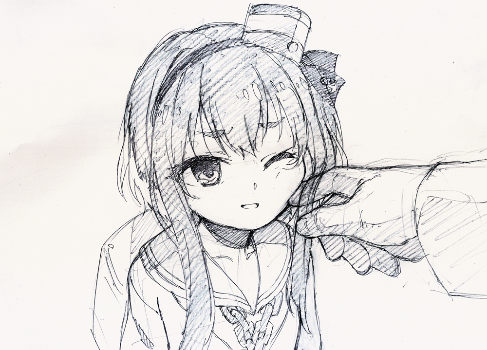 1girl chain_necklace hairband hand_on_another's_cheek hand_on_another's_face kantai_collection looking_up monochrome one_eye_closed shirubaburu short_hair_with_long_locks simple_background sketch smile solo_focus stroking_cheek tokitsukaze_(kantai_collection) traditional_media white_background