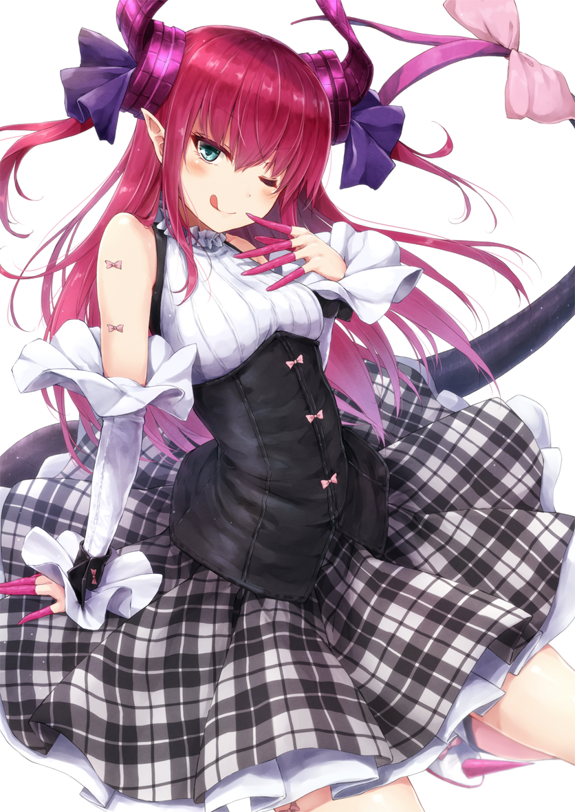 1girl ;q bangs bare_shoulders black_ribbon blue_eyes bow breasts corset cowboy_shot curled_horns detached_sleeves dress fate/extra fate/extra_ccc fate_(series) horn_ribbon horns lancer_(fate/extra_ccc) long_hair looking_at_viewer one_eye_closed pink_bow plaid plaid_skirt pointy_ears redhead ribbon skirt small_breasts smile solo suien tail tail_bow tongue tongue_out