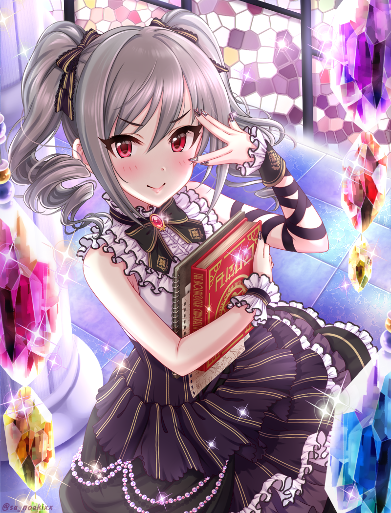 1girl bare_shoulders book bow drill_hair gem gothic_lolita holding holding_book idolmaster idolmaster_cinderella_girls kanzaki_ranko lolita_fashion long_hair red_eyes ribbon sanoaki silver_hair smile solo sparkle stained_glass twin_drills twintails twitter_username