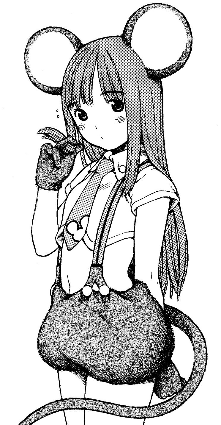 1girl animal_ears arm_behind_back crop_top eyebrows_visible_through_hair gloves greyscale hair_twirling highres monochrome mouse_ears mouse_tail navel necktie original pouty_lips solo suspenders tail traditional_media yug