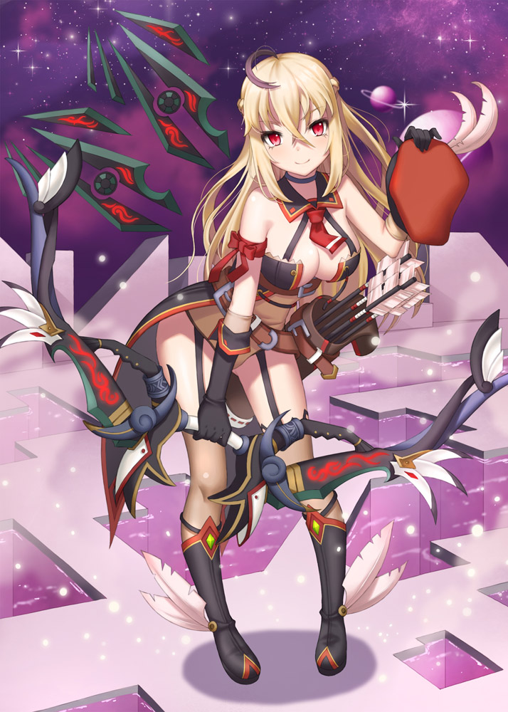 1girl ahoge arrow belt blonde_hair blush boots bow_(weapon) breasts choker detached_collar garter_straps hair_between_eyes hat holding holding_hat leaning_forward long_hair looking_at_viewer medium_breasts official_art original quiver revealing_clothes s-goon sky smile solo standing star_(sky) starry_sky thigh-highs weapon