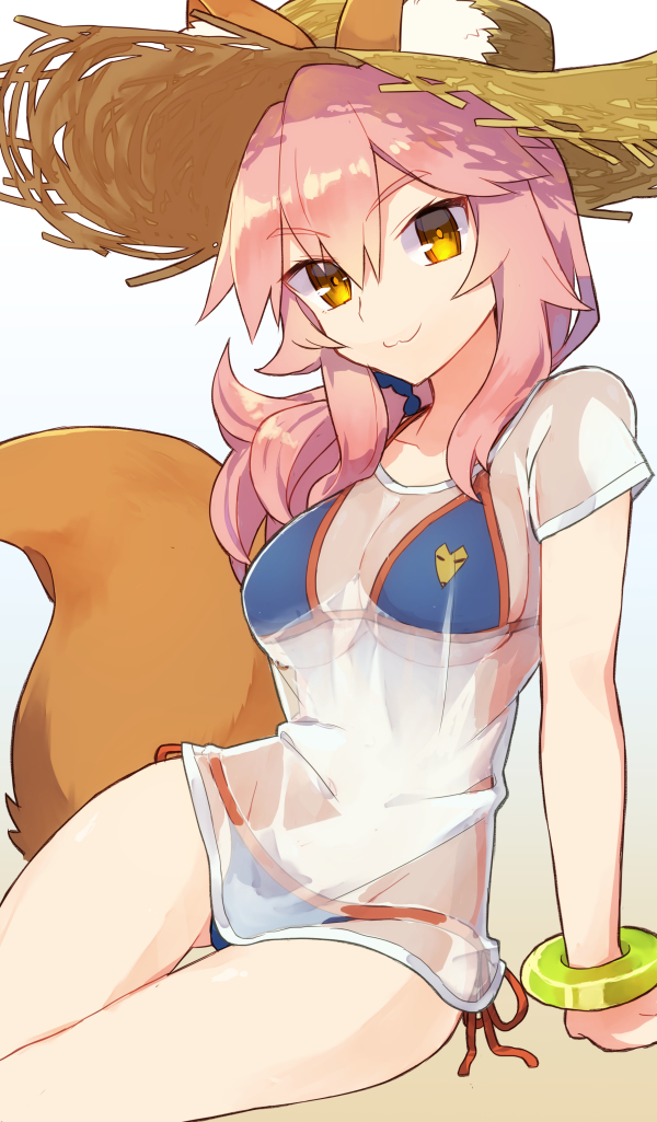 1girl :3 agsen animal_ears arm_support bikini bikini_under_clothes blue_bikini bracelet breasts cleavage commentary_request fate/grand_order fate_(series) fox_ears fox_tail hat jewelry long_hair looking_at_viewer low_ponytail pink_hair ponytail scrunchie see-through shirt short_sleeves side-tie_bikini sidelocks simple_background sitting solo straw_hat swimsuit swimsuit_under_clothes t-shirt tail tamamo_(fate)_(all) tamamo_no_mae_(swimsuit_lancer)_(fate) thigh_gap under_boob white_shirt yellow_eyes
