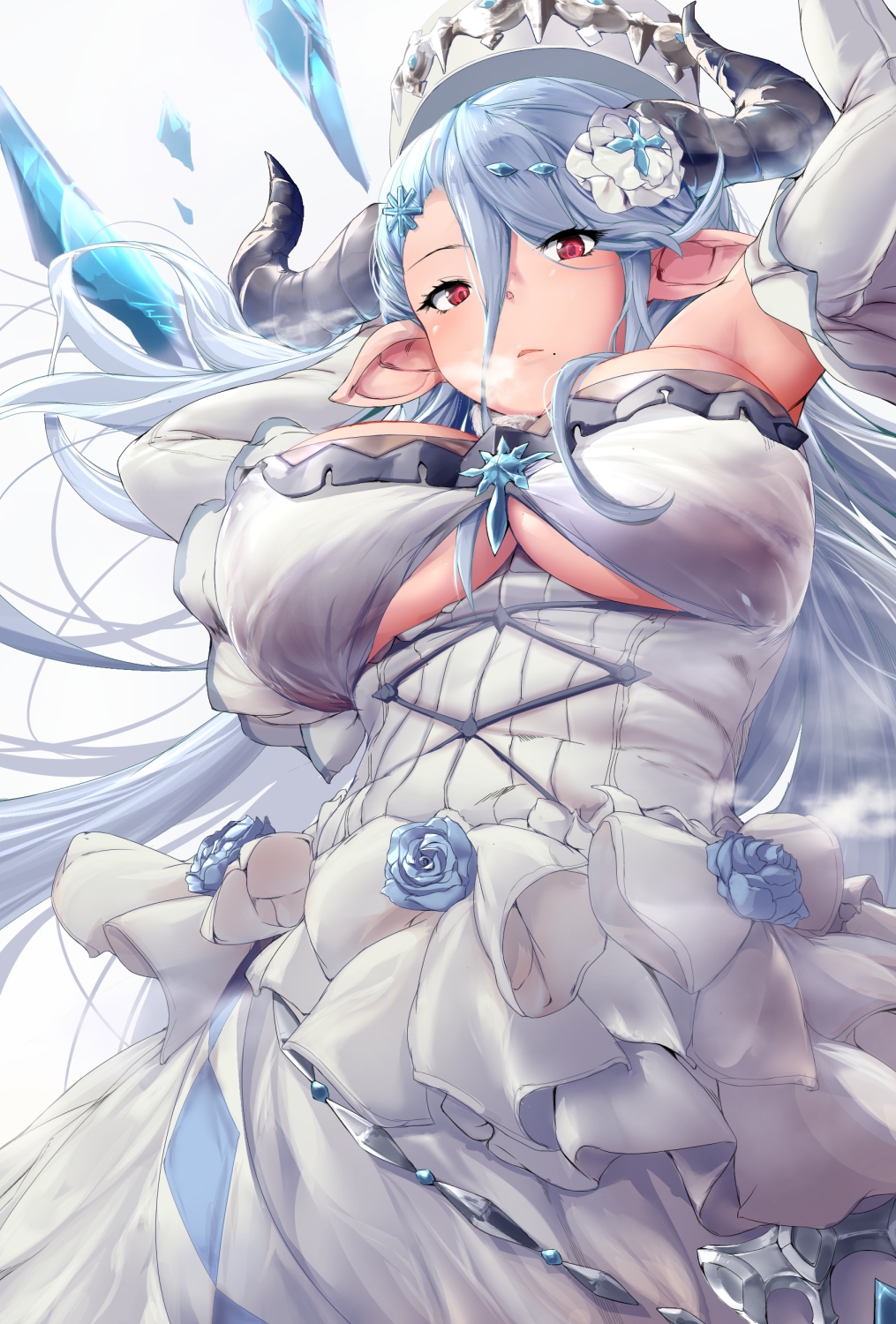 1girl arms_up bangs blue_hair blue_rose blush bow breasts breath crystal doraf dress elbow_gloves eyes_visible_through_hair floating_hair flower from_below frown gloves granblue_fantasy hair_between_eyes hair_ornament hat highres horns izmir large_breasts long_hair looking_down mole mole_under_mouth open_mouth pekoneko pink_eyes pointy_ears revision rose snowflake_hair_ornament solo under_boob very_long_hair white_bow white_dress white_gloves white_hat