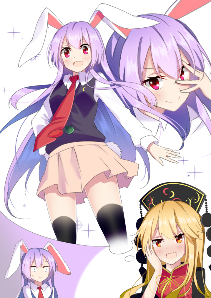 &gt;:) &gt;:d 2girls :d animal_ears black_legwear black_vest blood blush bunny_tail carrot cowboy_shot crescent fang hair_between_eyes hand_on_own_cheek hat imagining jitome junko_(touhou) long_hair long_sleeves looking_at_another looking_at_viewer multiple_girls multiple_views necktie open_mouth orange_eyes pink_skirt pose purple_hair rabbit_ears red_eyes red_necktie reisen_udongein_inaba sanpaku skirt smile sweater_vest tabard tail thigh-highs thought_bubble touhou very_long_hair vest xialuluo_(sharuro)