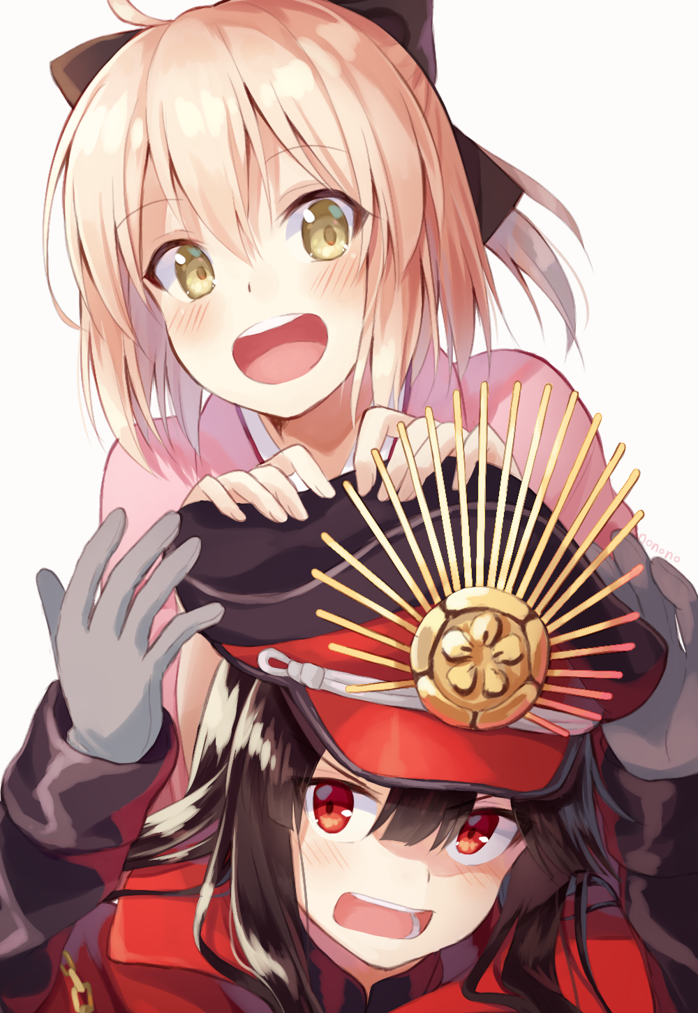 &gt;:o 2girls :d :o ahoge bangs black_bow black_hair blonde_hair blush bow cape demon_archer fate_(series) gloves grey_gloves hair_between_eyes hair_bow hat highres japanese_clothes kimono koha-ace long_hair looking_at_viewer military military_hat military_uniform multiple_girls nonono nononon open_mouth peaked_cap pink_hair red_eyes sakura_saber short_hair smile uniform upper_body yellow_eyes