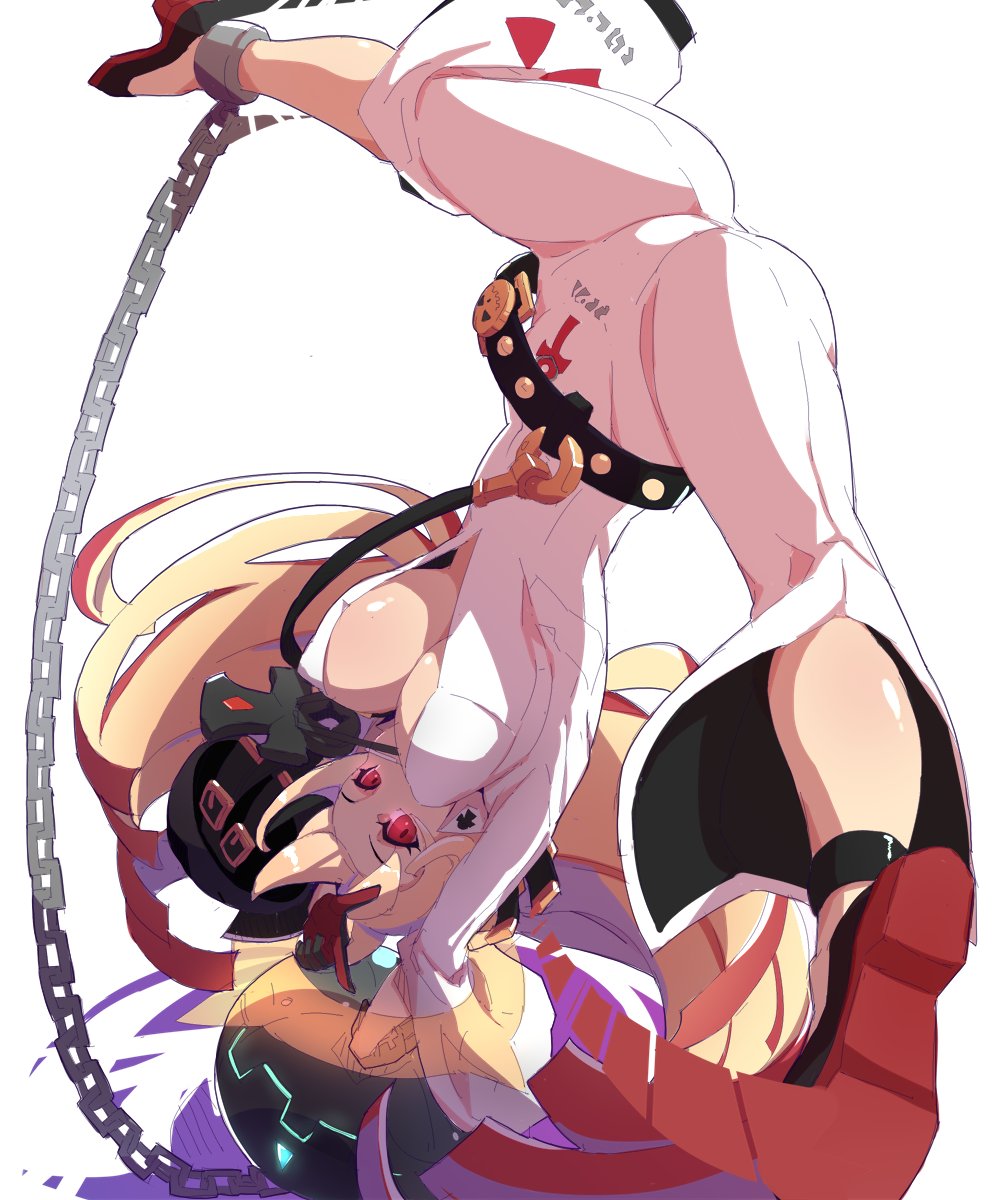 1girl ankh anklet ass ball_and_chain blonde_hair bodysuit breasts chains erect_nipples full_body guilty_gear guilty_gear_xrd halo handstand highres infraton jack-o_(guilty_gear) jewelry large_breasts long_hair multicolored_hair red_eyes redhead shoes solo split two-tone_hair under_boob upside-down