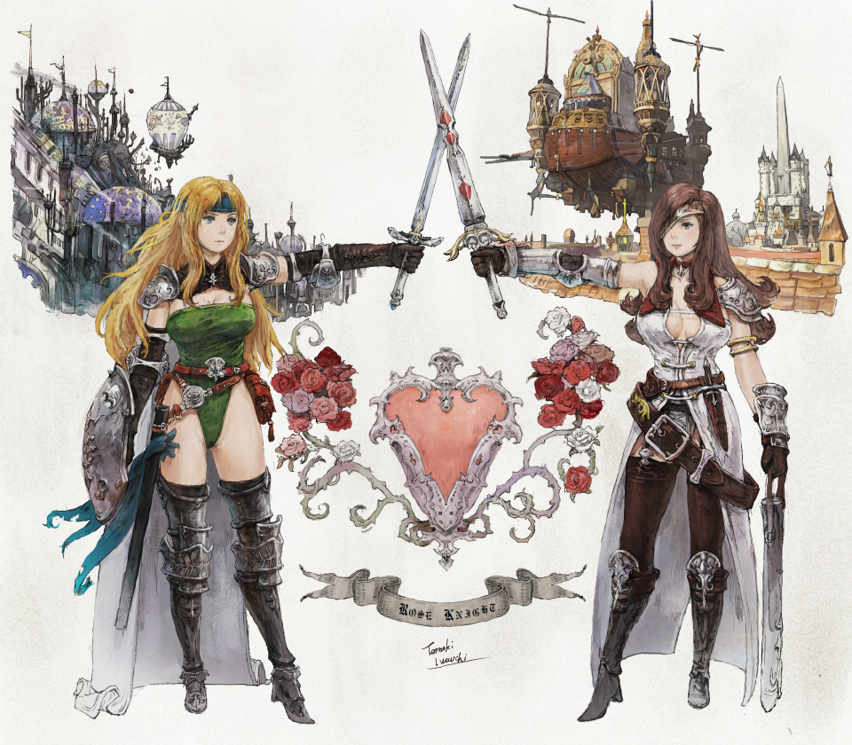 2girls armband artist_name beatrix belt beltskirt blonde_hair boots breasts brown_hair brown_legwear celes_chere choker cleavage coat crossed_swords english eyepatch final_fantasy final_fantasy_ix final_fantasy_vi flower full_body gloves greaves headband iwauchi_tomoki large_breasts leotard long_hair multiple_girls pantyhose pink_rose red_rose revision rose save_the_queen shield signature standing thigh-highs thigh_boots white_rose