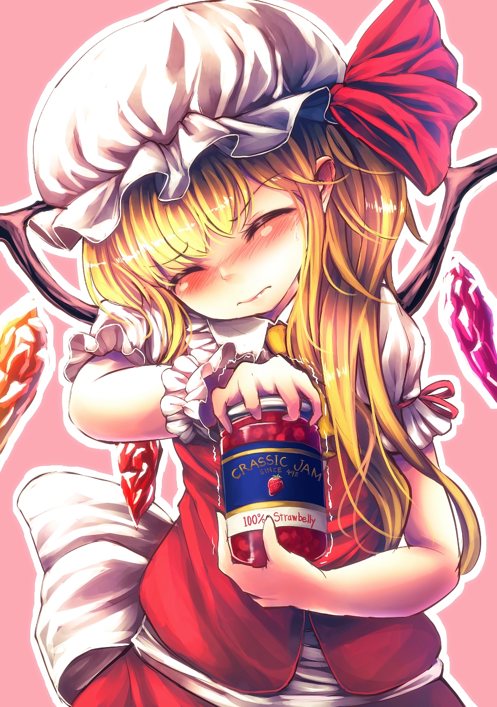 1girl blonde_hair blush closed_eyes commentary_request engrish eyebrows_visible_through_hair flandre_scarlet food frilled_hat frilled_sleeves frills fruit hat hat_ribbon highres jam jar long_hair mob_cap pink_background puffy_short_sleeves puffy_sleeves ranguage red_ribbon red_vest ribbon short_sleeves solo strawberry strawberry_jam t.m_(aqua6233) tears touhou trembling upper_body vest white_hat wings wrist_cuffs