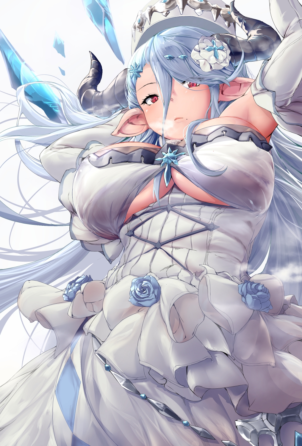 1girl arms_up bangs blue_hair blue_rose blush bow breasts breath crystal doraf dress elbow_gloves eyes_visible_through_hair floating_hair flower from_below frown gloves granblue_fantasy hair_between_eyes hair_ornament hair_over_one_eye hat highres horns izmir large_breasts long_hair looking_down mole mole_under_mouth open_mouth pekoneko pink_eyes pointy_ears rose snowflake_hair_ornament solo under_boob very_long_hair white_bow white_dress white_gloves white_hat