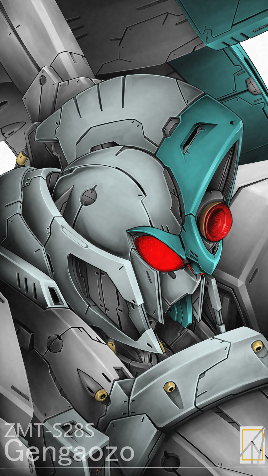 character_name close-up denjyou23 gengaozo gundam highres looking_down mecha mobile_suit no_humans red_eyes solo upper_body victory_gundam white_background zanscare