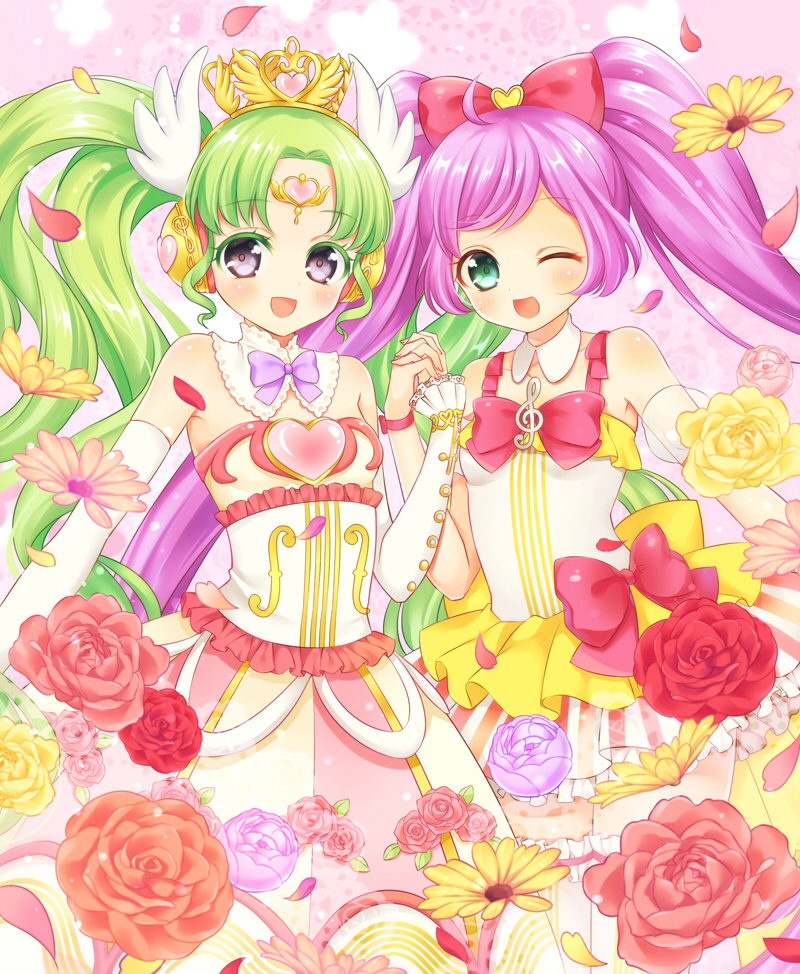 2girls :d ;d ahoge armpit_peek bangs bare_shoulders blush bow bowtie breasts collarbone commentary_request detached_collar detached_sleeves dress eyebrows_visible_through_hair falulu flower forehead_jewel frilled_dress frills garters green_eyes green_hair grey_eyes hair_bow hand_holding hand_up head_wings headphones heart interlocked_fingers long_dress long_hair looking_at_viewer manaka_lala mitsuba_choco multicolored multicolored_clothes multicolored_dress multiple_girls one_eye_closed open_mouth parted_bangs petals pink_background pink_rose pripara purple_bow purple_bowtie purple_hair purple_rose red_bow red_rose rose rose_petals see-through shiny shiny_clothes shiny_hair shiny_skin short_dress sleeveless sleeveless_dress small_breasts smile staff_(music) standing strapless strapless_dress striped striped_dress thigh-highs tiara treble_clef twintails very_long_hair wavy_hair white_legwear wristband yellow_rose