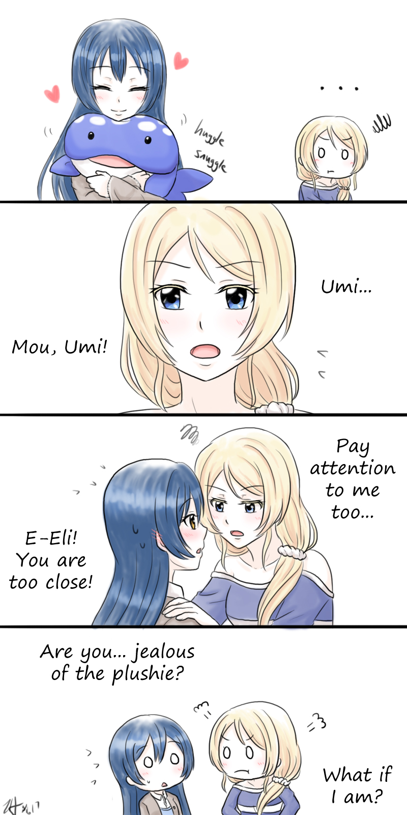 ... 0_0 2girls :t alternate_hairstyle athyra ayase_eli blonde_hair blue_eyes blue_hair closed_eyes comic commentary_request dated english flying_sweatdrops highres hug long_hair love_live! love_live!_school_idol_project multiple_girls o_o scrunchie signature sonoda_umi stuffed_animal stuffed_toy sweatdrop triangle_mouth whale yellow_eyes yuri