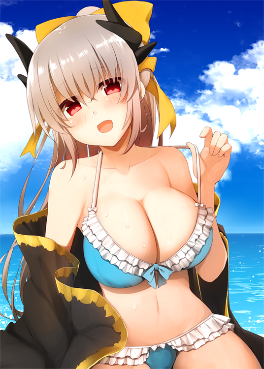 1girl bare_shoulders bikini blue_bikini blush bow breasts cleavage clouds collarbone fate/grand_order fate_(series) frilled_bikini frills hair_bow horns kiyohime_(fate/grand_order) kiyohime_(swimsuit_lancer)_(fate) kujiran large_breasts long_hair looking_at_viewer navel ocean open_mouth ponytail red_eyes silver_hair sky smile solo strap_pull swimsuit