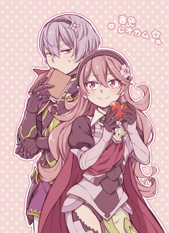 1boy 1girl blonde_hair blush book brother_and_sister female_my_unit_(fire_emblem_if) fire_emblem fire_emblem_if flower hair_flower hair_ornament heart hiyori_(rindou66) holding holding_book leon_(fire_emblem_if) long_hair my_unit_(fire_emblem_if) siblings smile tomato