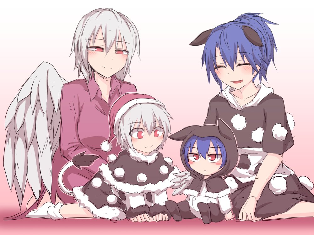 4girls ^_^ animal_costume animal_ears blue_hair blush child closed_eyes couple doremy_sweet dress hat if_they_mated kishin_sagume kuroba_rapid mother_and_daughter multiple_girls nightcap no_hat no_headwear pink_background pom_pom_(clothes) ponytail purple_dress red_eyes silver_hair sitting smile socks tail tapir_ears tapir_tail touhou wings yuri