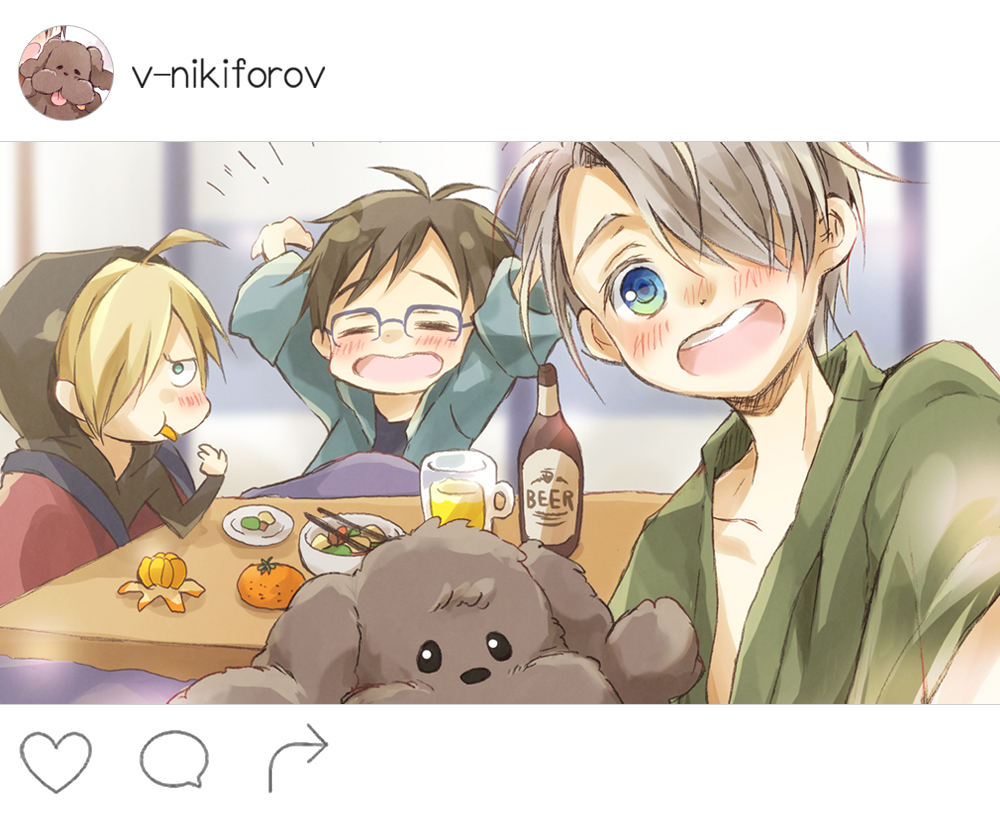 3boys =_= alcohol beer beer_bottle beer_mug black_hair blonde_hair blue_eyes bowl chopsticks cosora dog eating food fruit green_eyes hair_over_one_eye hood hoodie instagram japanese_clothes katsuki_yuuri kotatsu makkachin male_focus multiple_boys open_mouth orange self_shot silver_hair smile table viktor_nikiforov yuri!!!_on_ice yuri_plisetsky