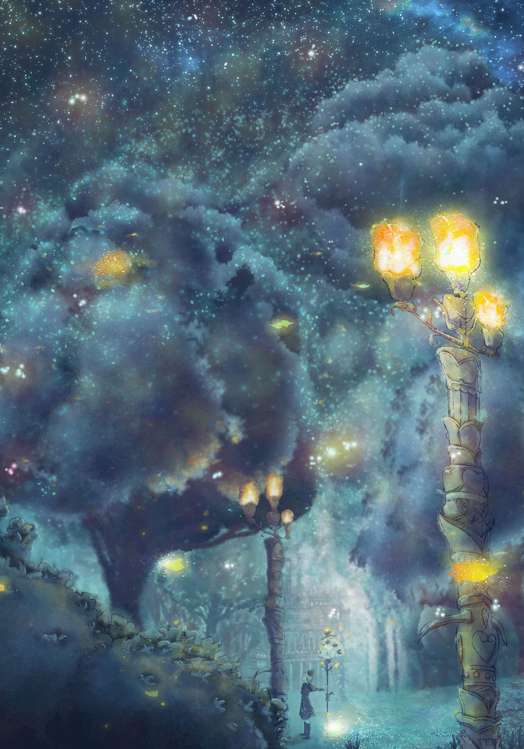 1girl blurry bush dark depth_of_field fantasy forest hat highres lamppost light_particles nature night night_sky original path road sailor_collar scenery short_hair sketch sky solo star_(sky) starry_sky tree usatarosu