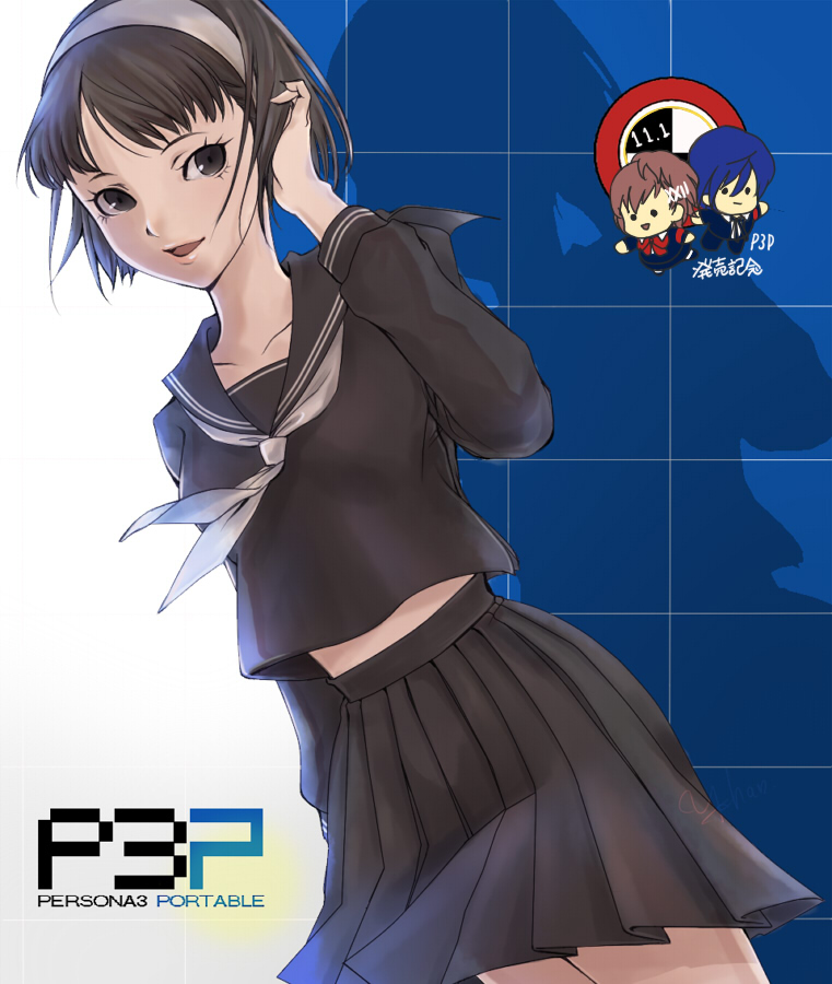 1boy 2girls :d amagi_yukiko arm_at_side black_eyes black_hair black_serafuku black_shirt black_skirt blue_hair bob_cut brown_hair chibi_inset copyright_name female_protagonist_(persona_3) hair_ornament hairband hairclip hand_in_hair looking_at_viewer midriff multiple_girls number open_mouth persona persona_3 persona_3_portable persona_4 pleated_skirt revision school_uniform serafuku shirt short_hair silhouette skirt smile solid_circle_eyes y-chan younger yuuki_makoto