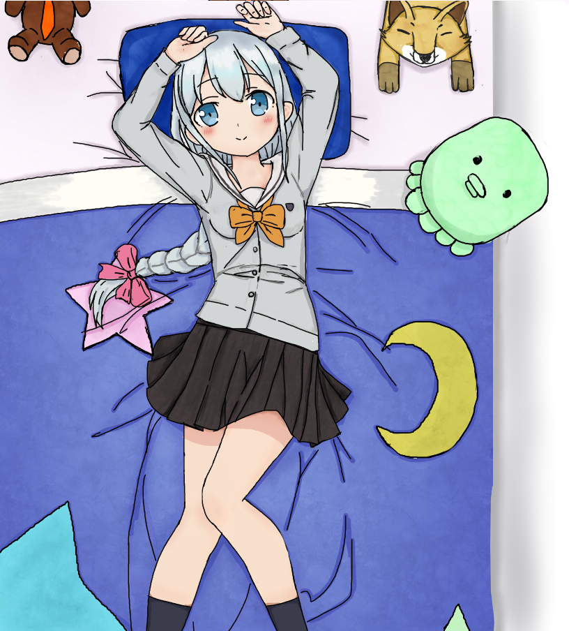 1girl :&gt; arms_up bed bed_sheet black_legwear black_skirt blanket blue_eyes blush bow bowtie braid breasts buttons closed_mouth crescent eromanga_sensei from_above grey_jacket hair_bow izumi_sagiri kneehighs long_hair long_sleeves looking_at_viewer looking_up lying necktie on_back on_bed orange_bow orange_necktie pillow pink_bow reacyua silver_hair single_braid skirt small_breasts smile stuffed_animal stuffed_toy tareme teddy_bear uniform very_long_hair