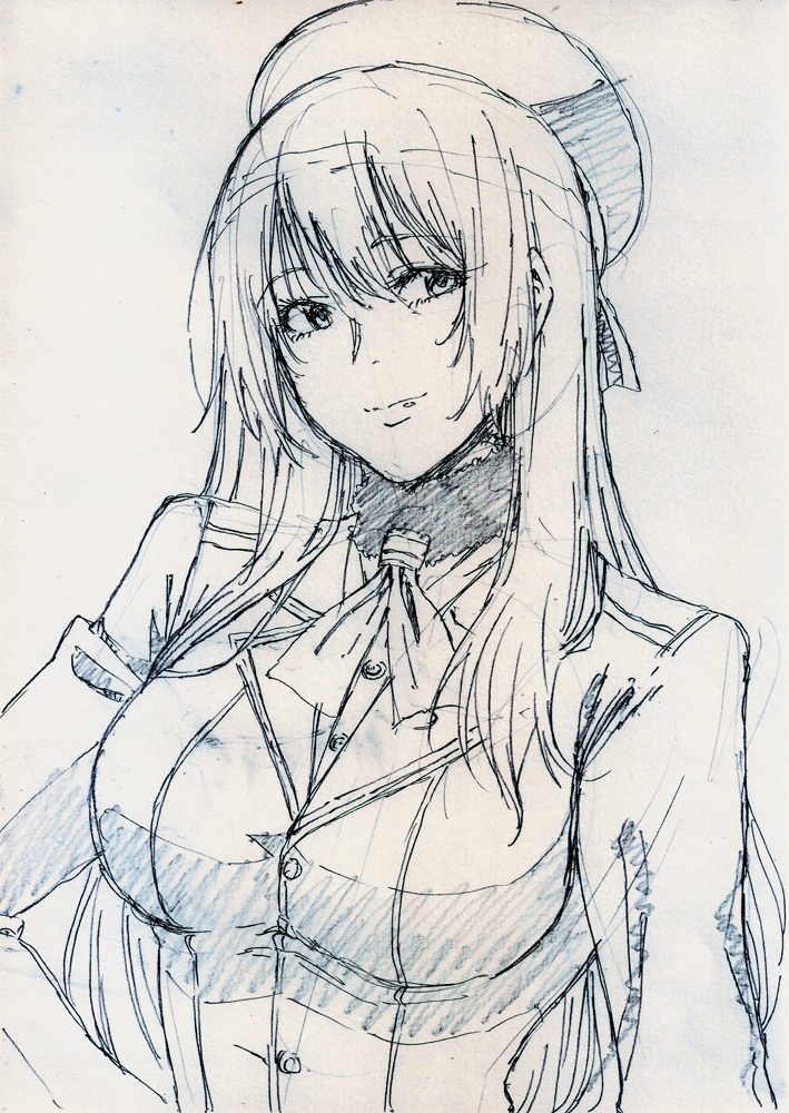 1girl ascot atago_(kantai_collection) beret eyelashes fur-trimmed_choker hand_on_hip hands hat kantai_collection long_hair looking_to_the_side military military_uniform monochrome naval_uniform shirubaburu simple_background sketch solo uniform upper_body white_background