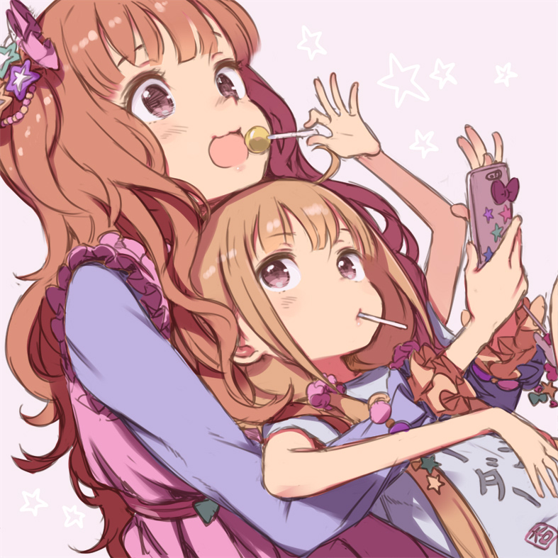 2girls :3 :d bangs blonde_hair bow brown_hair candy cellphone clothes_writing dress feeding food frilled_sleeves frills futaba_anzu hair_ornament idolmaster idolmaster_cinderella_girls kuroboshi_kouhaku lavender_background lollipop long_hair long_sleeves moroboshi_kirari multiple_girls open_mouth phone pink_scrunchie shirt short_sleeves sitting sitting_on_person smartphone smile star t-shirt twintails violet_eyes