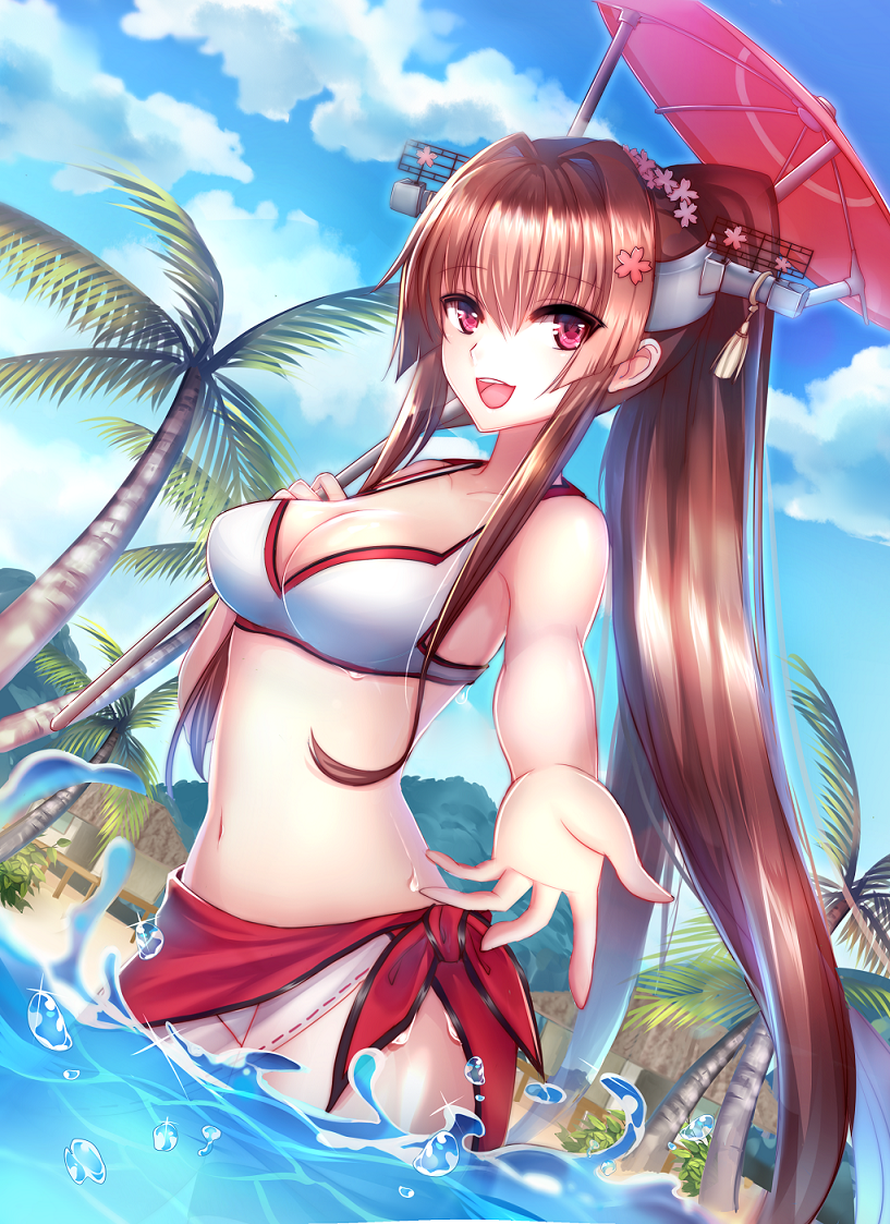 1girl :d bangs beach bikini breasts brown_hair cherry_blossoms cleavage clouds day dutch_angle flower hair_between_eyes hair_flower hair_intakes hair_ornament headgear hill holding holding_umbrella hut kantai_collection large_breasts long_hair looking_at_viewer meaomao midriff navel ocean open_mouth oriental_umbrella outdoors outstretched_hand palm_tree partially_submerged ponytail revision sarong sidelocks sky smile solo sparkle swimsuit tree umbrella very_long_hair violet_eyes wading water_drop white_bikini yamato_(kantai_collection)