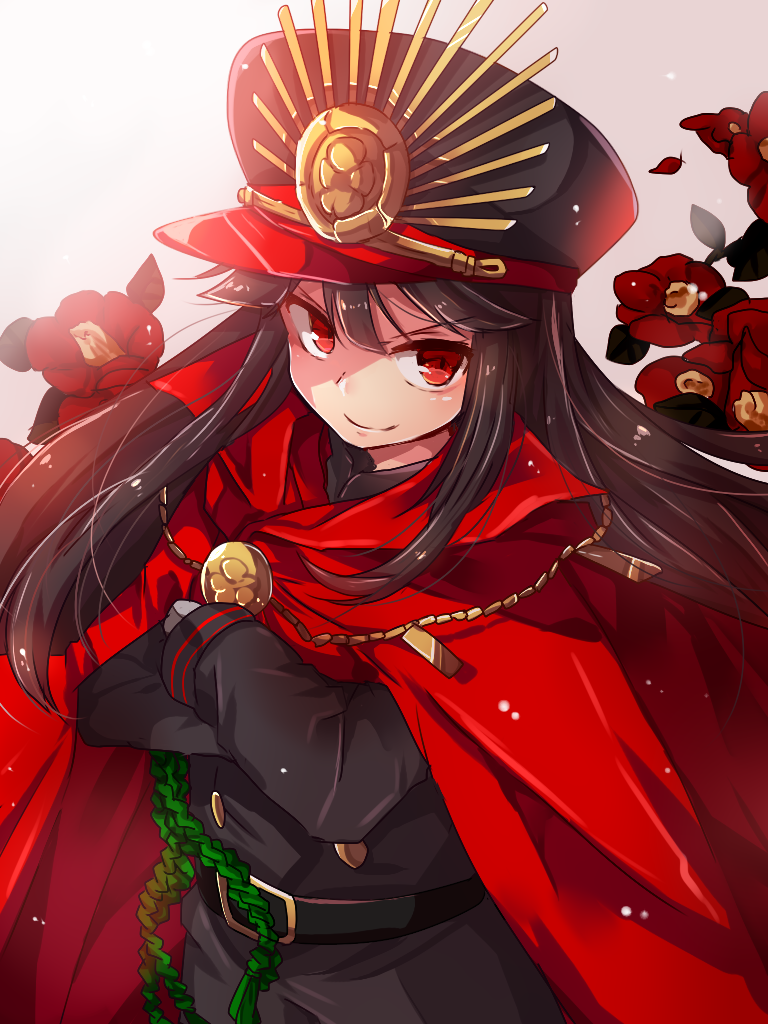 &gt;:) 1girl belt black_hair black_shirt cape closed_mouth crossed_arms demon_archer fate/grand_order fate_(series) floral_background hat japanese_clothes long_hair long_sleeves looking_at_viewer matryoshka_(borscht) military military_hat military_uniform peaked_cap red_cape red_eyes shirt sidelocks smile solo uniform upper_body