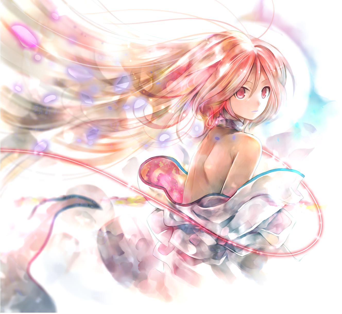 1girl album_cover back bare_shoulders blurry brown_hair choker closed_mouth cover expressionless eyes_visible_through_hair floating_hair gradient_hair hair_between_eyes highres kei_(keigarou) long_hair looking_at_viewer looking_to_the_side motion_blur multicolored_hair off_shoulder petals red_eyes redhead shoulder_blades simple_background upper_body very_long_hair white_background