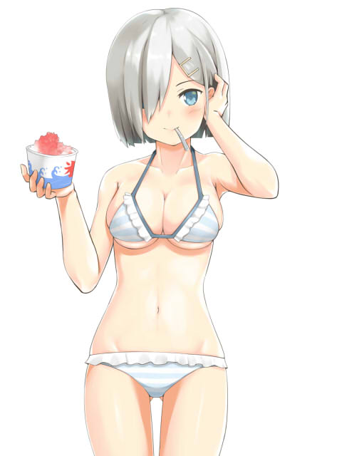 1girl adjusting_hair armpits bare_arms bare_shoulders bikini blue_eyes breasts cleavage collarbone cowboy_shot cup frilled_bikini frills gluteal_fold hair_ornament hair_over_one_eye hairclip hamakaze_(kantai_collection) hand_in_hair holding holding_cup horizontal_stripes kantai_collection looking_at_viewer medium_breasts mouth_hold navel peperoncirno revision shaved_ice short_hair silver_hair simple_background smile solo spoon standing stomach striped striped_bikini swimsuit white_background