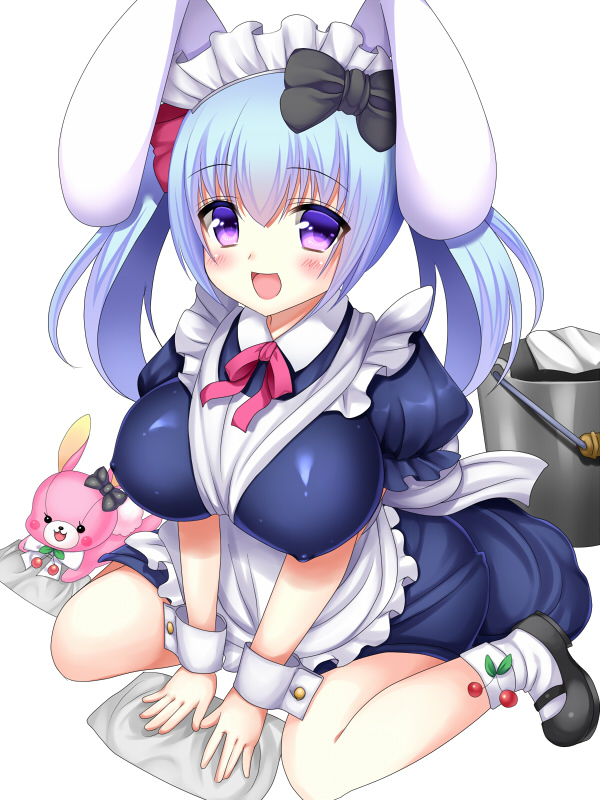 1girl apron black_bow blue_hair blush bow breasts bucket character_request cleavage eyebrows_visible_through_hair hair_bow inma_kourin_devil_carnival large_breasts long_hair looking_at_viewer maid maid_apron maid_headdress nipples open_mouth pink_ribbon rag ribbon seta_(monyun) smile solo stuffed_animal stuffed_bunny stuffed_toy twintails violet_eyes wrist_cuffs