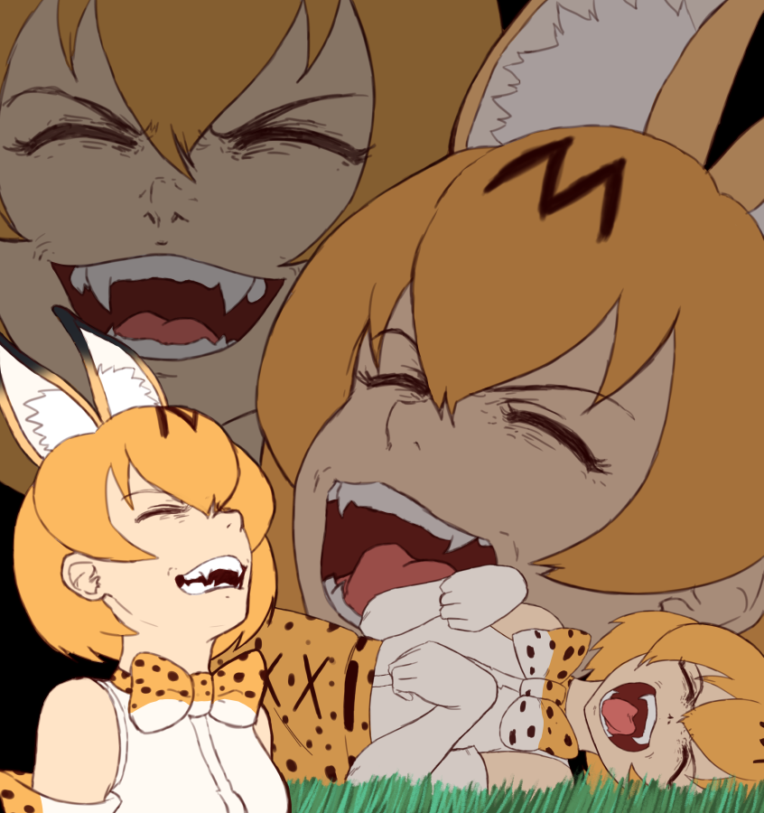 1girl animal_ears bare_shoulders bow bowtie brown_hair commentary_request elbow_gloves fangs finalcake gloves happy kemono_friends laughing laughing_tom_cruise meme serval_(kemono_friends) serval_ears serval_print sharp_teeth simple_background smile solo teeth white_background white_gloves zoom_layer