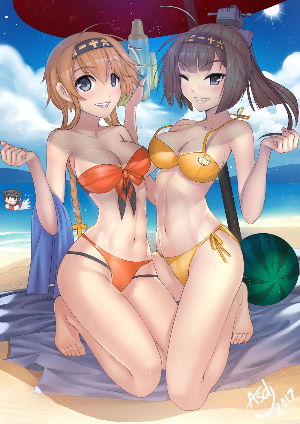 2017 3girls :d ;d ahoge akizuki_(kantai_collection) animal_ears animal_print arm arm_up artist_request asdj bandeau bangs bare_arms bare_legs bare_shoulders barefoot beach beach_umbrella bikini black_eyes black_hair blue_eyes blue_sky blunt_bangs blush braid breasts brown_hair chibi cleavage clenched_hand clenched_teeth closed_mouth clouds collarbone day eyebrows_visible_through_hair female food front-tie_bikini front-tie_top fruit full_body grey_eyes grin groin hair_between_eyes hand_up hatsuzuki_(kantai_collection) headband headgear highres holding holding_towel innertube kantai_collection kneeling legs lifebuoy light_brown_hair light_particles long_hair looking_at_viewer low-tied_long_hair medium_breasts midriff multiple_girls navel neck ocean one_eye_closed open_mouth orange_bikini orange_swimsuit ponytail print_bikini round_teeth sand shade shiny shiny_hair short_hair side-tie_bikini signature sky smile stomach strapless strapless_bikini strapless_swimsuit sun sunlight swimming swimsuit swimsuit_under_swimsuit teeth teruzuki_(kantai_collection) towel twin_braids umbrella water_gun watermelon yellow_bikini yellow_swimsuit