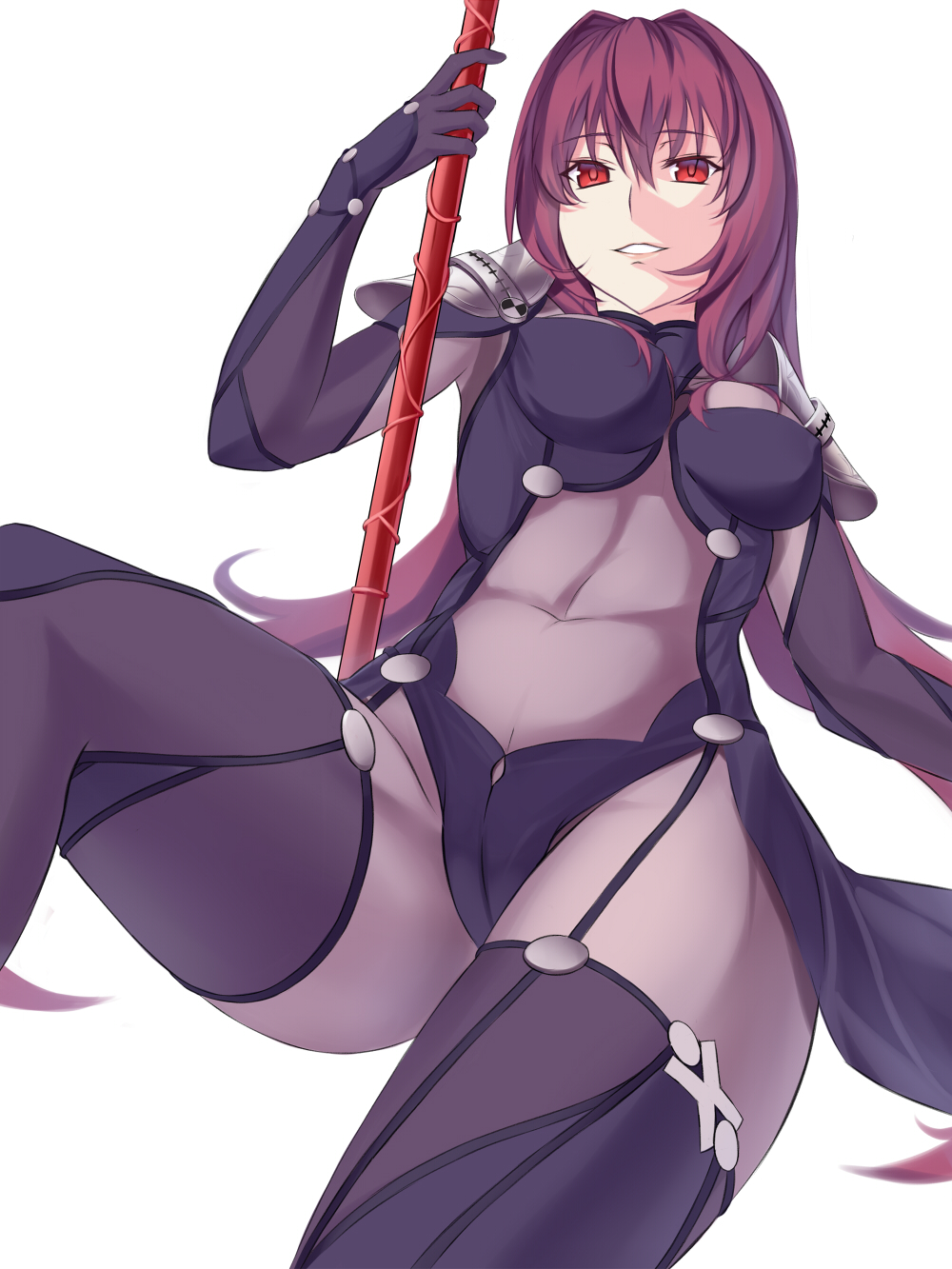 1girl bodysuit breasts fate/grand_order fate_(series) gae_bolg highres holding holding_weapon long_hair looking_at_viewer medium_breasts parody parted_lips pauldrons polearm purple_bodysuit purple_hair red_eyes revision scathach_(fate/grand_order) shukuzaki simple_background smile solo spear weapon white_background