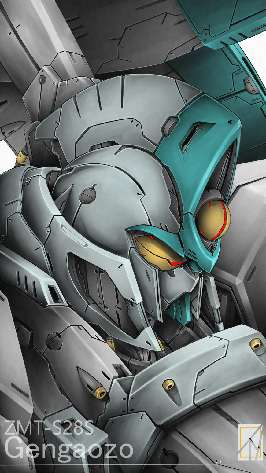 character_name close-up denjyou23 gengaozo gundam highres looking_down mecha mobile_suit no_humans solo upper_body victory_gundam white_background yellow_eyes zanscare