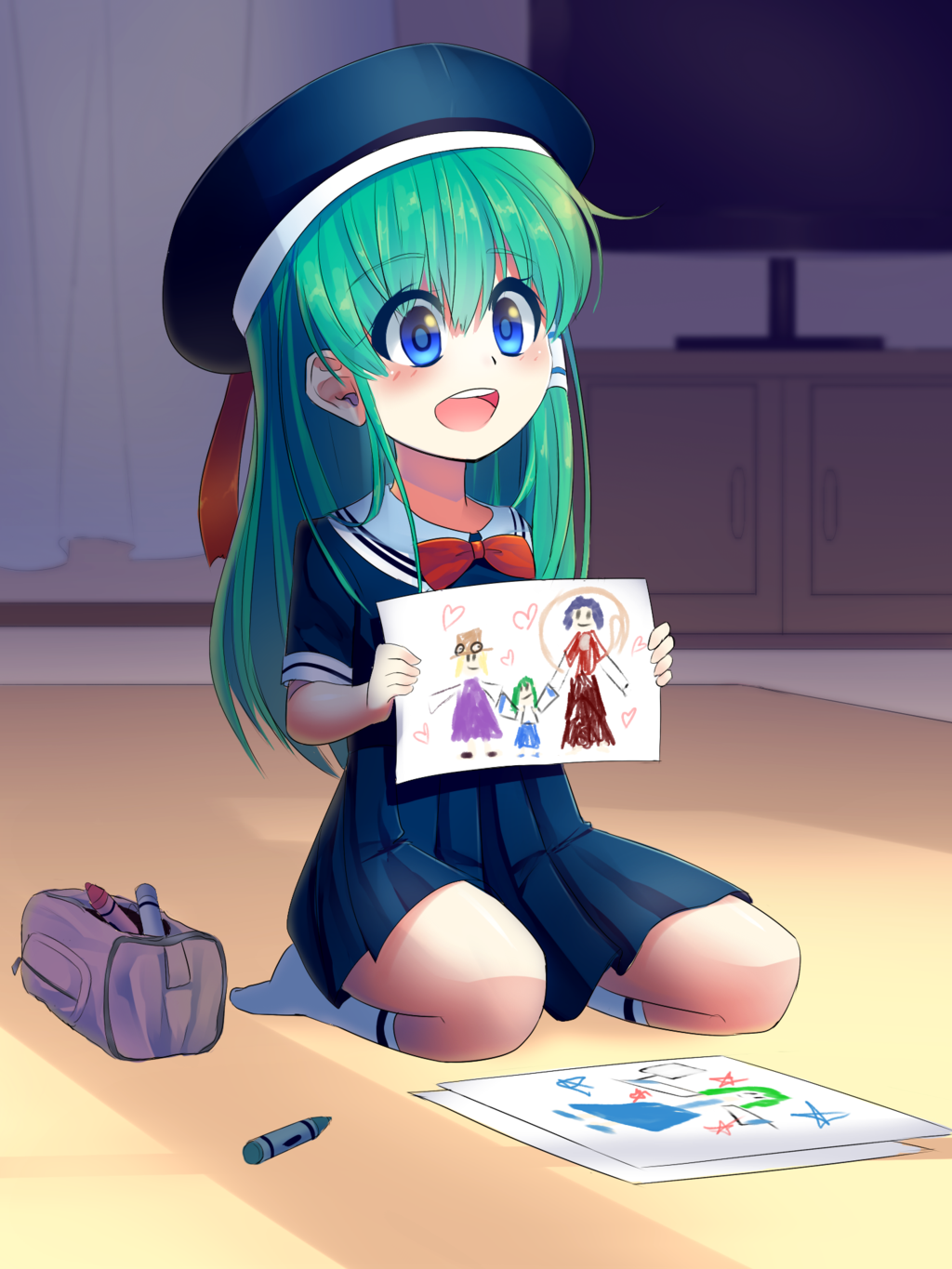 1girl :d alternate_costume bangs blue_eyes blue_hat blue_skirt blush bow bowtie carpet child_drawing colored_eyelashes crayon curtains deviantart_sample drawing eyebrows_visible_through_hair full_body green_hair hair_tubes hat heart highres holding holding_paper image_sample indoors kneehighs kochiya_sanae long_hair mayenta moriya_suwako no_shoes on_floor open_mouth paper pencil_case red_bow red_bowtie round_teeth sailor_collar school_uniform seiza serafuku shelf shirt short_sleeves sitting sitting_on_floor skirt smile socks solo tareme teeth television touhou white_legwear yasaka_kanako younger