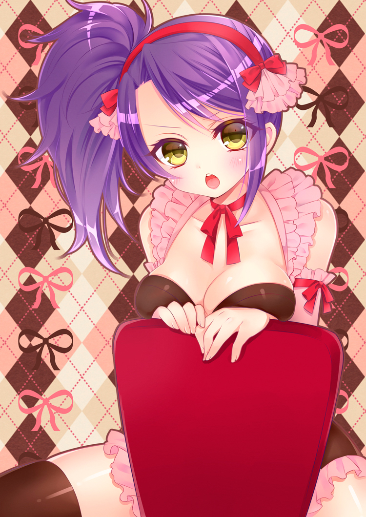 &gt;:o 1girl :o argyle argyle_background arm_garter bangs bare_shoulders black_ribbon blush breasts brown_legwear chair choker cleavage collarbone commentary_request detached_sleeves eyebrows_visible_through_hair eyes_visible_through_hair fingernails frilled_sleeves frills hair_ribbon hairband head_tilt long_hair looking_at_viewer medium_breasts mitsuba_choco open_mouth parted_bangs pink_ribbon pripara purple_hair red_choker red_hairband red_ribbon ribbon ribbon_choker shiny shiny_clothes shiny_hair shiny_skin side_ponytail sitting skindentation solo swept_bangs thigh-highs toudou_shion valentine yellow_eyes