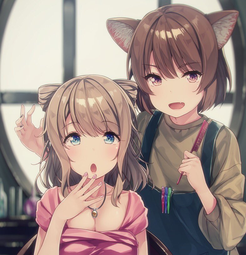 2girls :d :o animal_ears apron bangs black_nails blue_eyes blurry blurry_background bob_cut brown_hair cat_ears comb commentary_request eyebrows_visible_through_hair fang hair_ears hairclip_removed hairdressing hand_to_own_mouth holding jewelry light_brown_hair multiple_girls nail_polish open_mouth original pendant pink_nails short_hair siva_(executor) smile upper_body violet_eyes wavy_hair