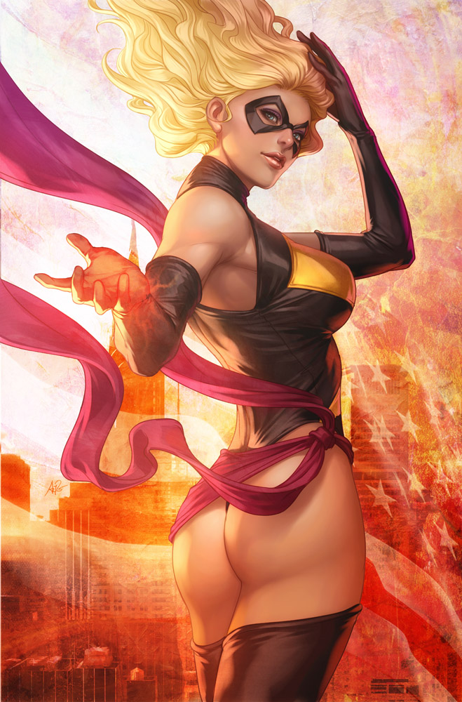 1girl america ass black_legwear blonde_hair blue_eyes breasts carol_danvers city domino_mask eyeshadow fire flag gloves large_breasts leotard long_hair looking_back makeup marvel mask md5_mismatch ms_marvel new_york parted_lips sash solo stanley_lau thigh-highs thong_leotard