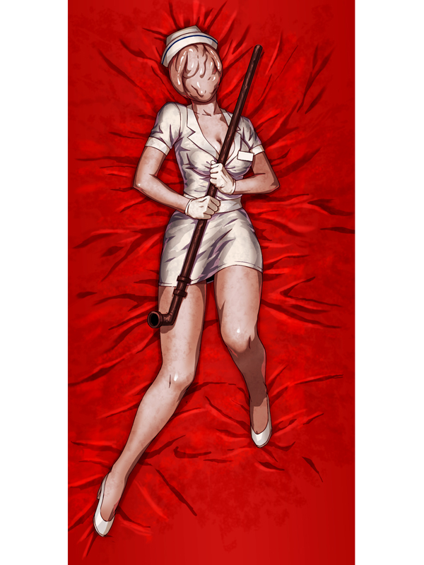 1girl bed blood breasts bubble_head_nurse cleavage commentary_request deformed faceless gloves hat large_breasts lead_pipe monster_girl nurse nurse_cap shigumo_(shigeru) silent_hill silent_hill_2 solo