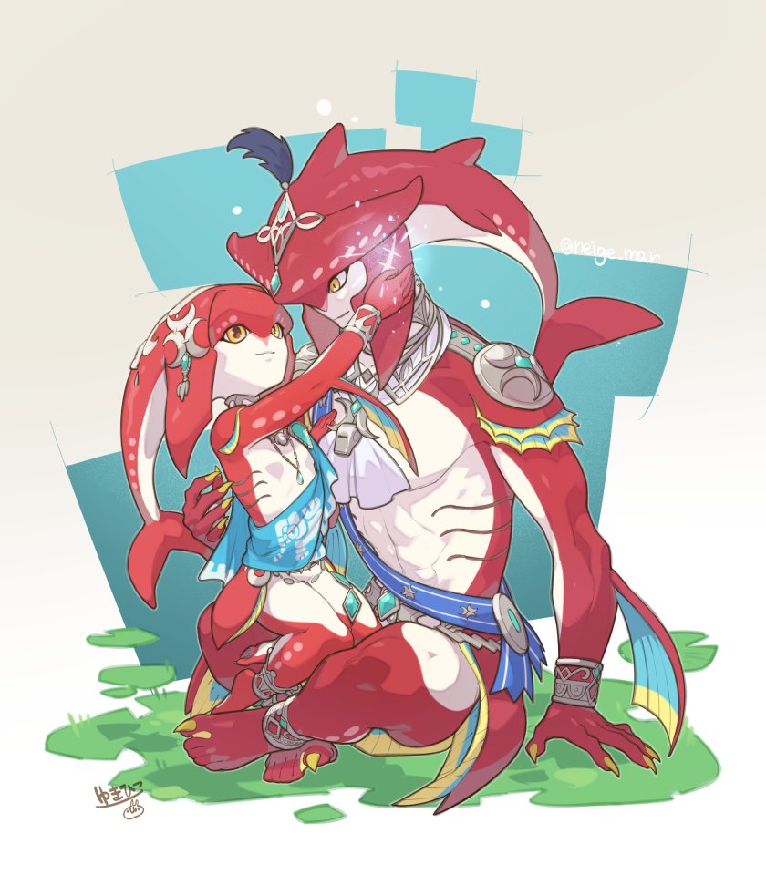 1boy 1girl abs artist_name breasts brother_and_sister feet fish_girl fishman full_body gem gills glowing hand_on_another's_face jewelry looking_at_another mipha monster_boy monster_girl muscle scar siblings sidon sitting smile the_legend_of_zelda the_legend_of_zelda:_breath_of_the_wild yellow_eyes zora