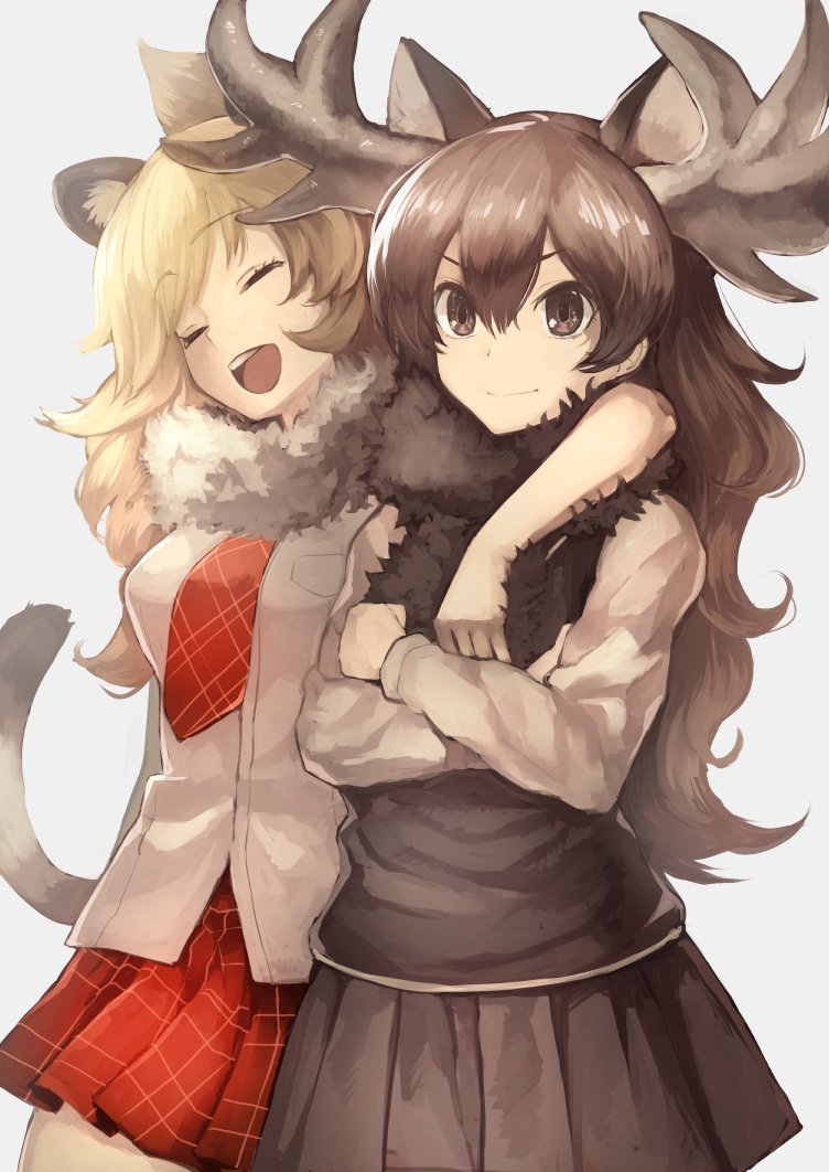 2girls ^_^ ^o^ animal_ears antlers blush body_mahattaya_ginga breasts closed_eyes crossed_arms fur_collar kemono_friends lion_(kemono_friends) lion_ears lion_tail long_hair long_sleeves moose_(kemono_friends) multiple_girls necktie open_mouth pleated_skirt school_uniform short_sleeves simple_background skirt smile tail teeth white_background